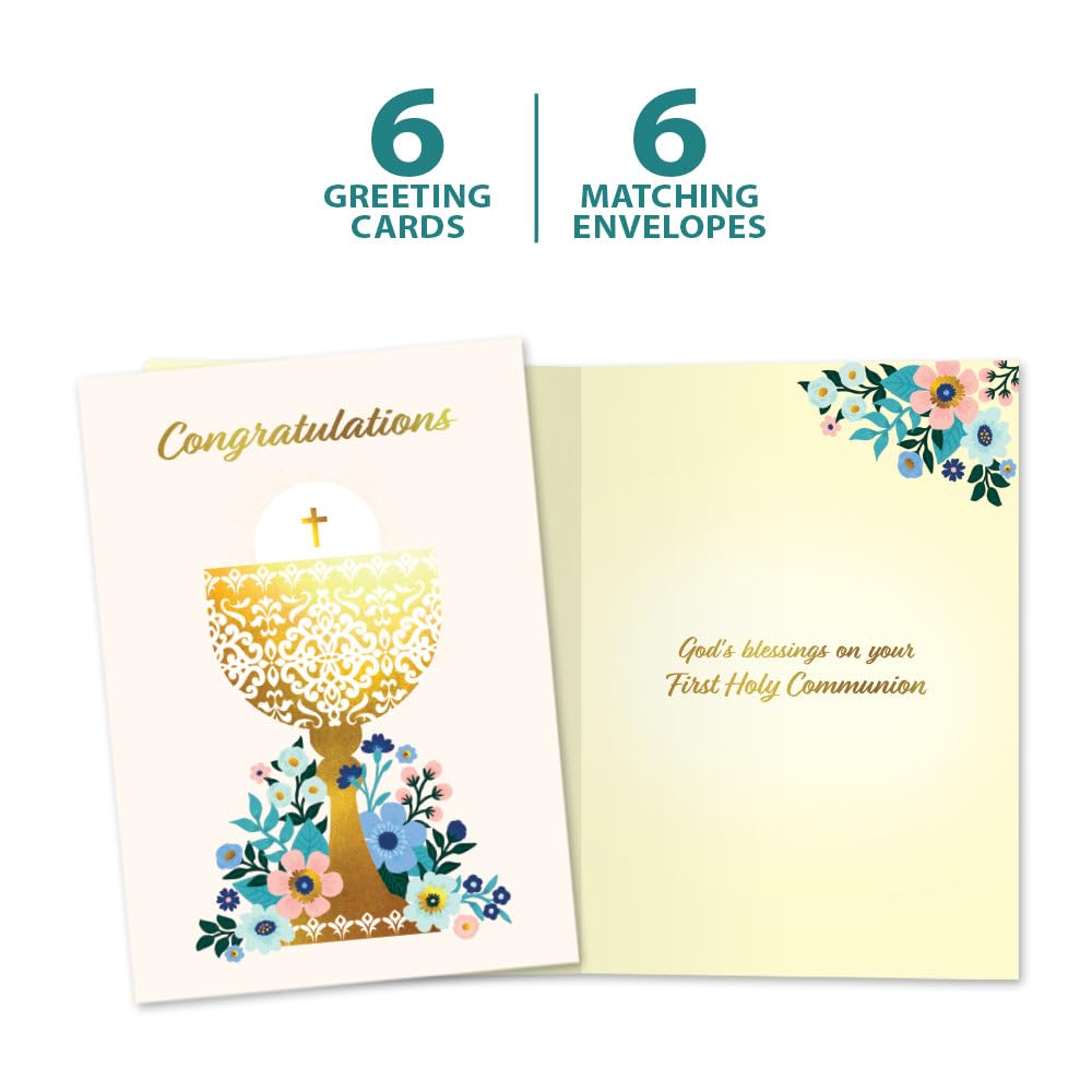 Tree-Free Greetings Floral Chalice First Communion Card - 1 Recycled 5x7 Card & Matching Envelope, Thick Cardstock, Made in USA - Elegant Golden Blessings