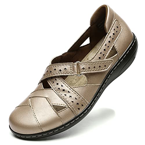 Irrefour Women's Classic Gold Genuine Leather Casual Loafer Cute Slip-On Fashion Closed Toe Flat Sandal Comfy Work Sandal Everyday Walking Shoe 1607-JIN095