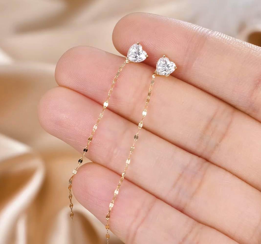 14k Gold Created Moissanite Heart Stud Drop Earrings for Women, 14kt Gold Dangling Chain Love Jewelry Gifts for Her - Image 5