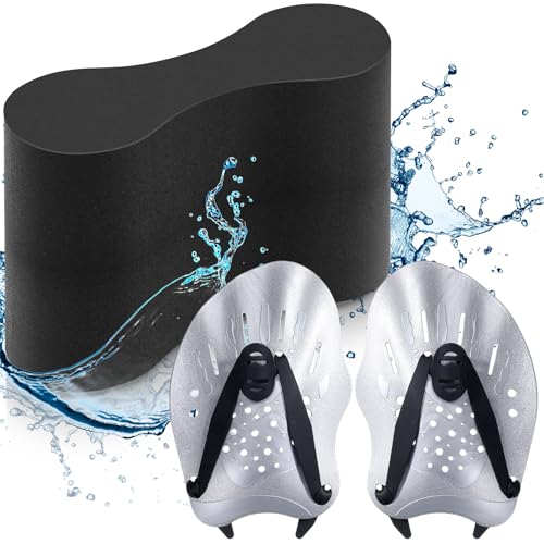 Motionchic 3 Pcs Swim Training Pull Buoy Hand Paddles Set Include 1 Buoy 2 Hand Paddles with Adjustable Straps Swim Training Equipment Kit for Adults(Gray Black)