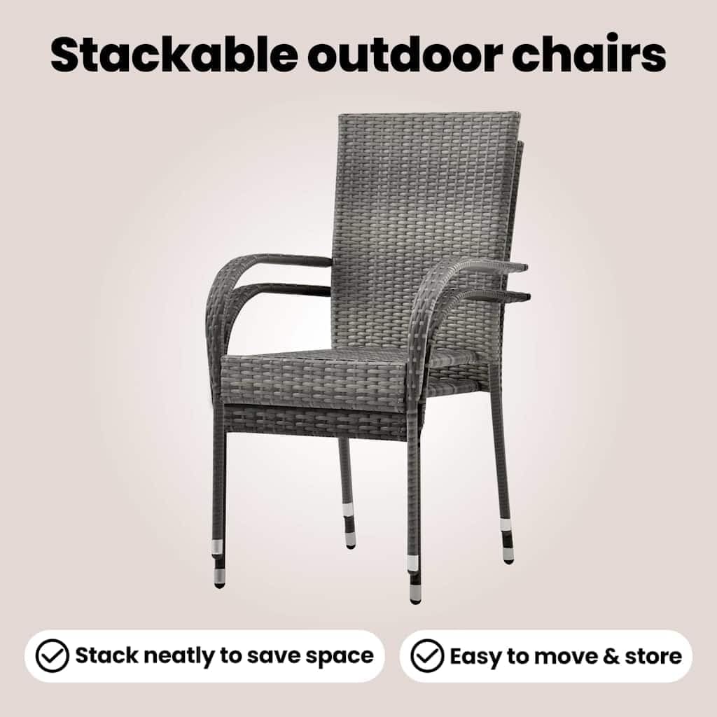 vidaXL Stackable Patio Dining Chairs - Set of 2, Gray Poly Rattan, Outdoor, Garden, Terrace Seating, Steel Frame, Easy Assembly