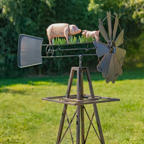 Windmill Spinner with Moving Hand-Painted Animals Scenes on Top, Includes Metal Tower Stand, Decorative Garden Decor (Feeding Pigs)