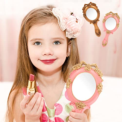 Geetery 2 Pcs Vintage Handheld Mirror Oval Embossed Flower Vanity Makeup Mirror Antique Cosmetic Aesthetic Mirror Decorative Small Hand Portable Princess Mirror With Handle For Girls Women, Gold, Pink #TOP4