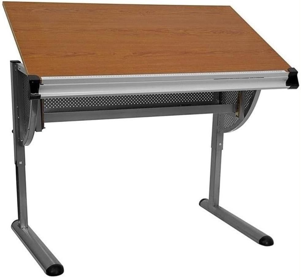 BOWERY HILL Adjustable Drawing and Drafting Table, 34.25-47.75 in H x 45.25 in W x 28.25 in D, Pewter Frame, Melamine Laminate Work Surface, Locking Adjustable Angle, Ruler and Tray for Art or Plans