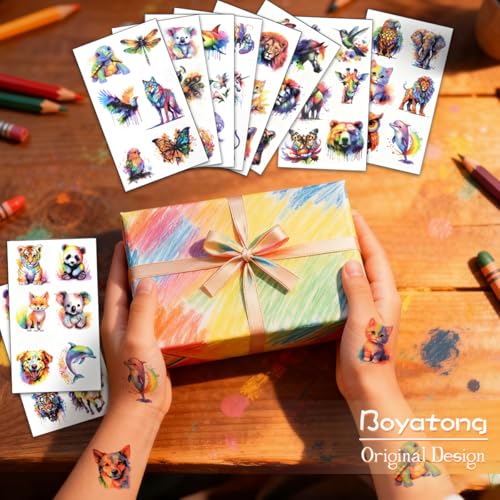 Tattoos für Kinder, 10 Blatt Wasserfarben Tiere Kindertattoos Hautfreundlich, Kleine Geschenke für Mädchen Junge ab 5 6 7 8 9 10 Jahre, Mitgebsel Kindergeburtstag, Geburtstag Party Give Aways