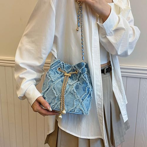 Jean Purses for Women, Distressed Jean Denim Bucket Bags Quilted Crossbody, Small Shoulder Bag Drawstring Handbag3