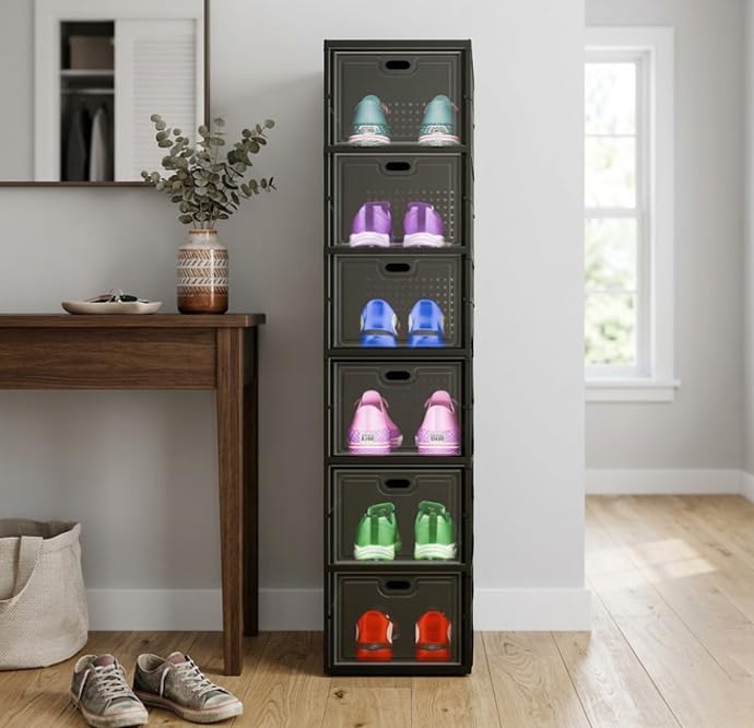 Image of Sulfar 6 Tier Shoe Rack Collapsible Shoe Organiser with Door - Foldable Sneaker Crates Footwear Organiser for Men, Women, Heels, Boots, Loafers, Sneakers, Slippers (Black)