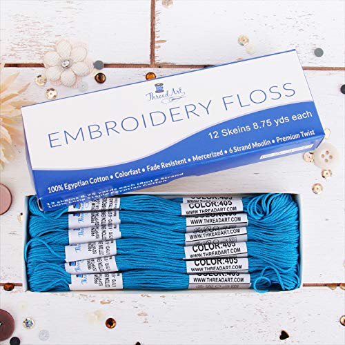 Image of 12 Skeins ThreadArt Cotton Embroidery Floss, Aqua | Long fiber cotton embroidery floss for cross stitch, hand embroidery and bracelets. Six-strand floss separates easily.