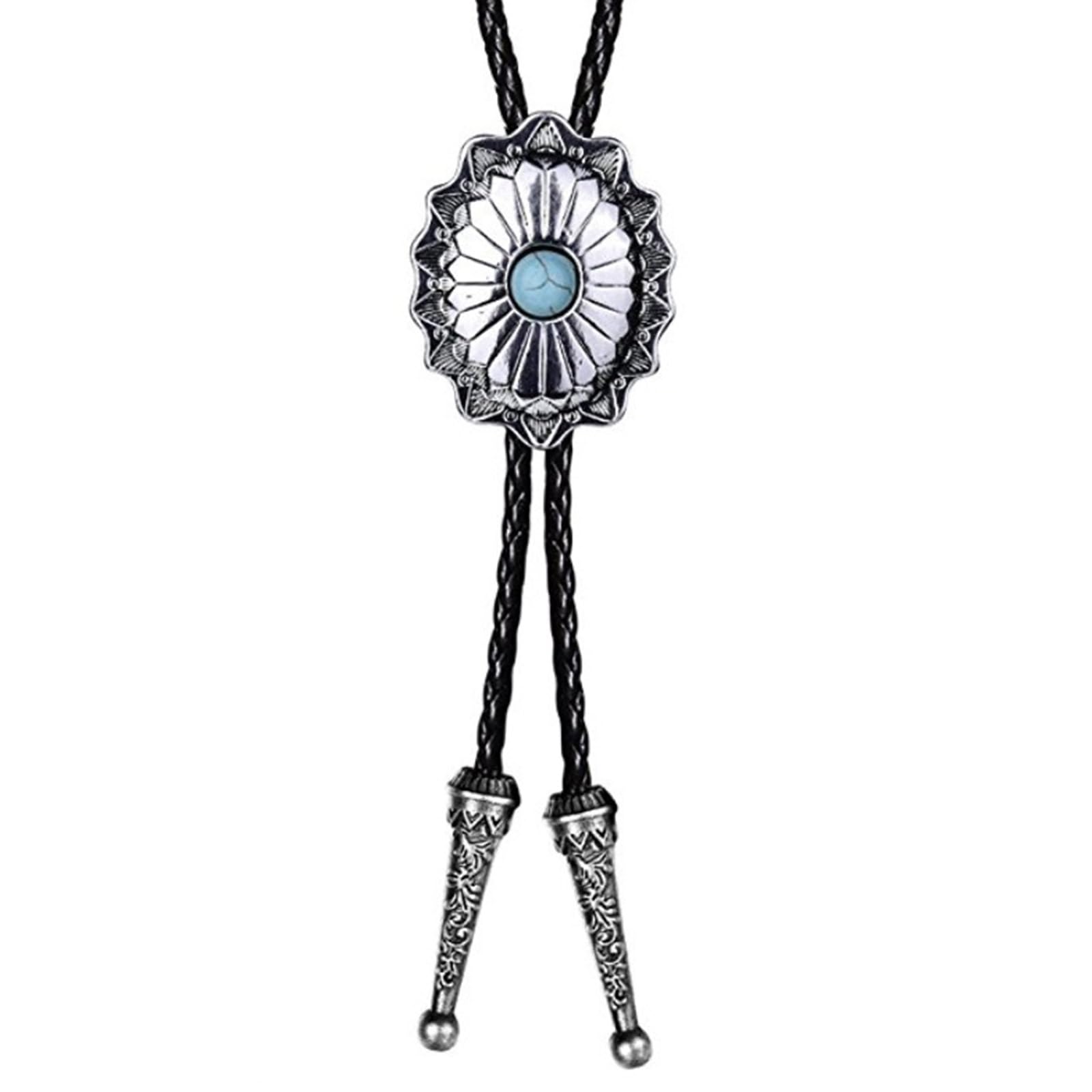 Sxrq Unisex Turquoise Elegant Braided Tie With Stone Pendant Carved Necktie Western Necklace Cool Braided Tie Western Costume Shoestring Necktie
