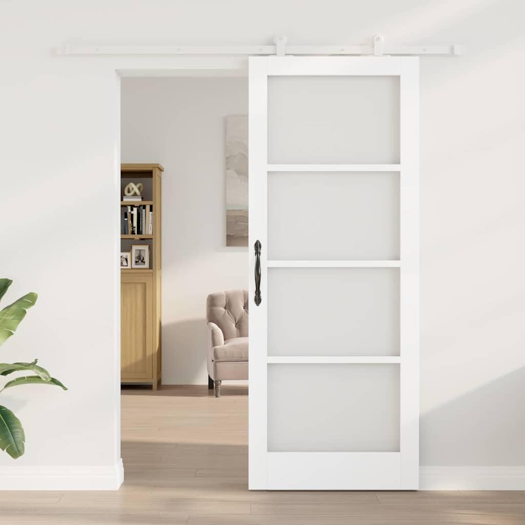 Puerta corredera ORKDAL blanca 83x211cm de madera maciza de pino y vidrio, interior para salón, dormitorio, cocina o garaje, deslizamiento silencioso, transmisión de luz y privacidad