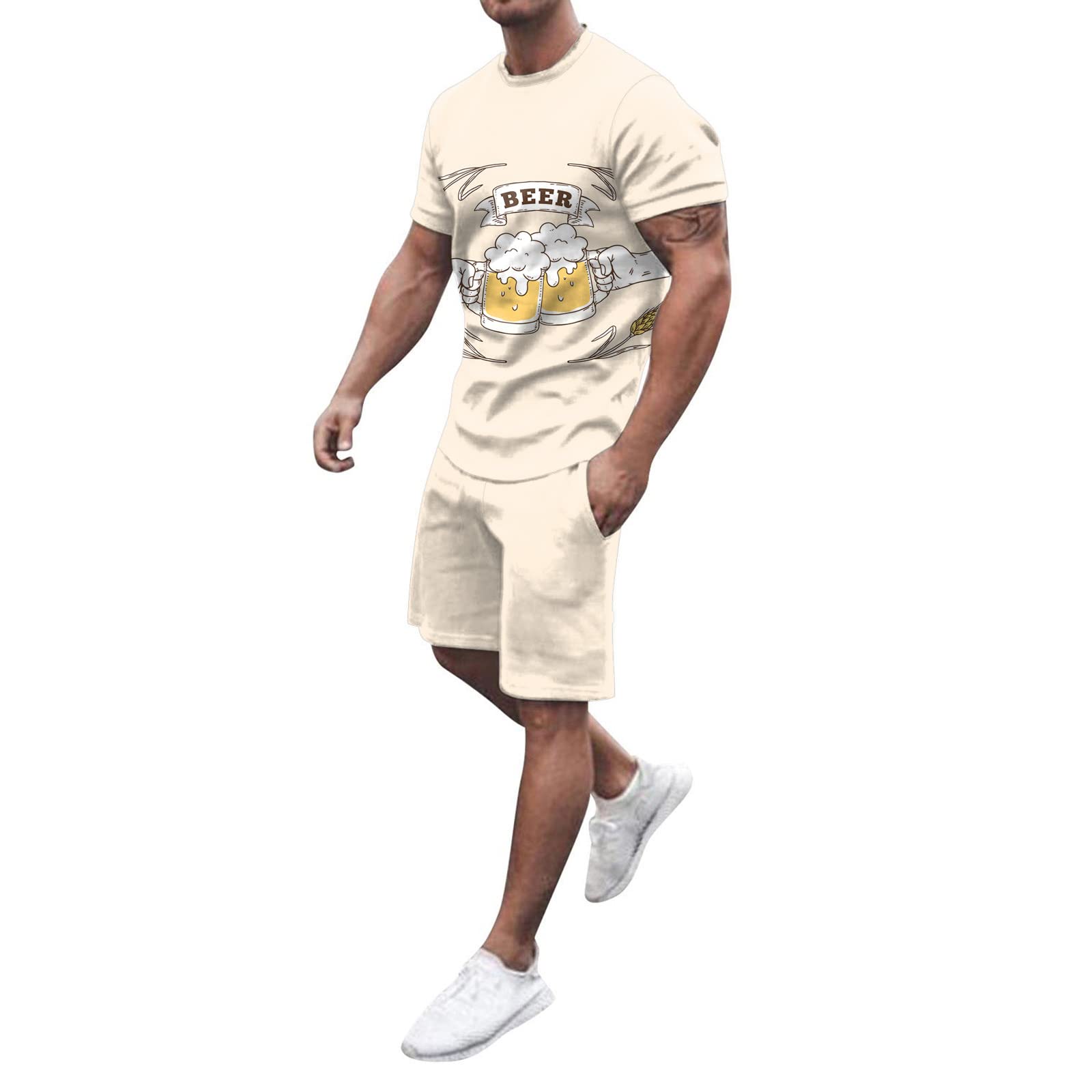 QWUVEDSOktoberfest Men's Outfit, 2-Piece Short Sleeve T-Shirt + Shorts Sets, Men's Summer Outfit, Beach, Short Sleeve, Printed Shirt, Short Suit, Shirt, Trousers Suit with Pockets, Black Suit, Men's Fabric