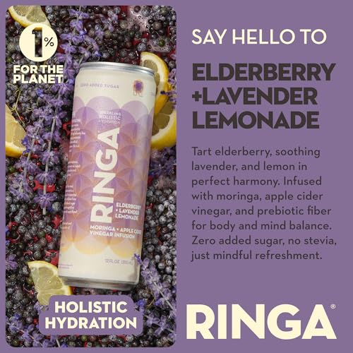 Image of RINGA Elderberry Lavender Lemonade Sparkling Drink - Organic Moringa + Apple Cider Vinegar with 3g Prebiotic Fiber - No Added Sugar, No Natural Flavors - Gut Health & Immunity Support - 12oz Cans