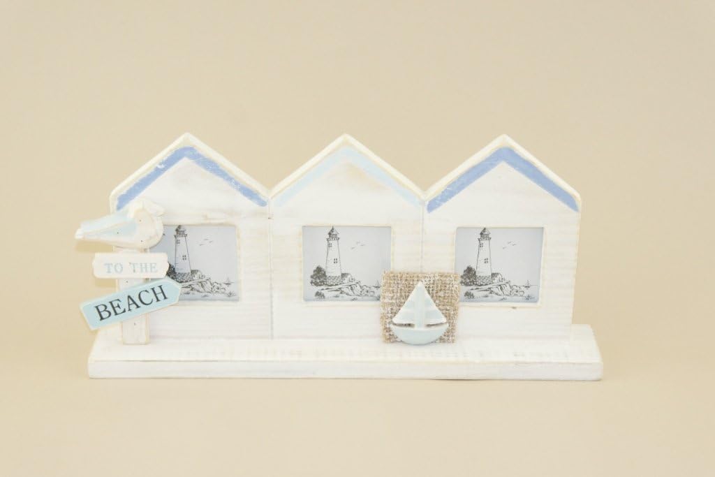 Natural Blue Beach Hut Photo Frame (3 Photos)