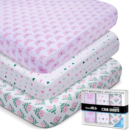 Image of GROW WILD Crib Sheets 3 Pack - Soft & Stretchy Jersey Cotton Fitted Baby Crib Sheets for Girls, Cute Toddler Bed Sheets for Baby Girl (Hearts & Flowers)