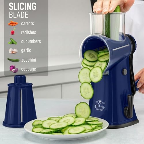 Image of Zulay Kitchen Rotary Cheese Grater 5 Blade Cheese Shredder - Manual Hand Crank Cheese Grater With Reinforced Suction & 5 Interchangeable Drums - Easy to Use, Vegetable Chopper Round Mandoline Slicer