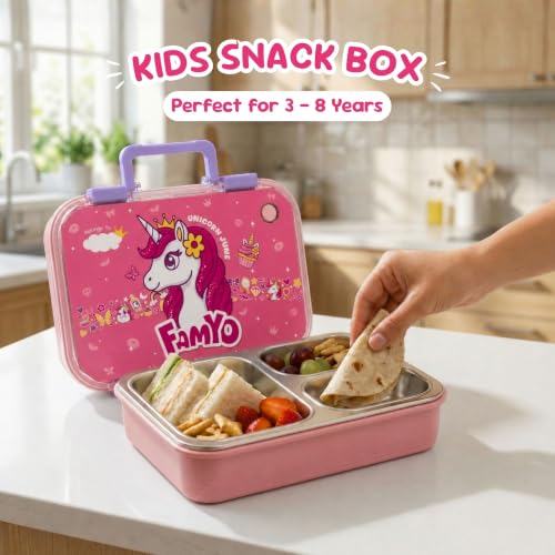 Image of Famyo Stainless Steel Lunch Box for Kids, with 3 Compartments, 800ml (Pink) | Bento Lunch Box | Leakproof Tiffin Box | BPA-Free & Food Safe, Ideal for Meals & Snacks