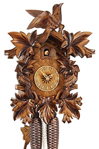 Struttura in legno massiccio. Eble, pendolo a cuccù, originale della Foresta Nera, codice: 38-07-12-80, in vero legno, dotato di movimento meccanico a 8 giorni, con certificazione VDS, decorazione con 3 uccelli, 38 cm