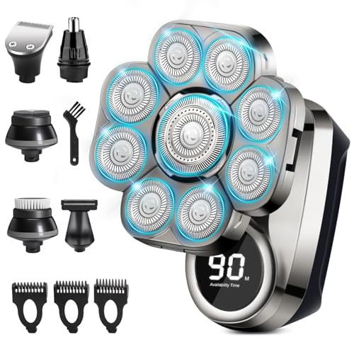 Electric Head Shaver for Bald Men, 6 in 1 Electric Head Razors for Men Shaving, Waterproof Bald Head Beard Shavers for Men with Grooming Kit, LED Display Rechargeable Rotary Shaver for Wet/Dry Shaving