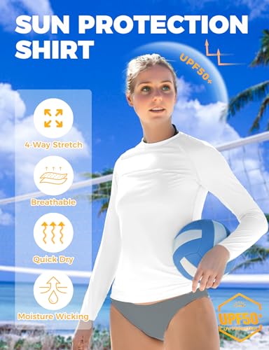 Rash Guard for Women UPF50+ Sun Shirt, Long Sleeve UV Protection Shirts Women Quick Dry Workout Shirts Hiking Swimming Tops(Small, White)2