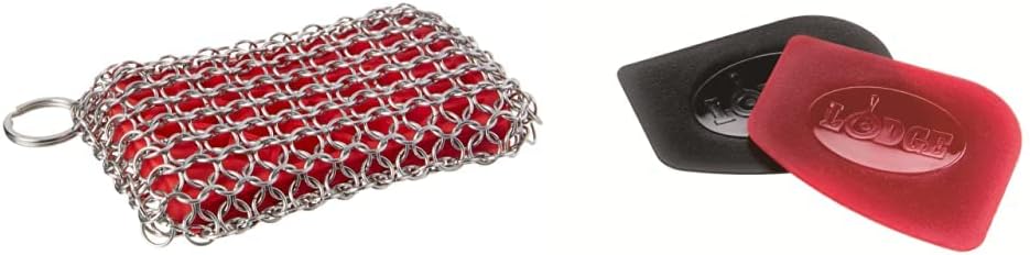 Lodge ACM10R41 Scrubbing pad, One, Red & SCRAPERPK Durable Pan Scrapers, Red and Black, 2-Pack