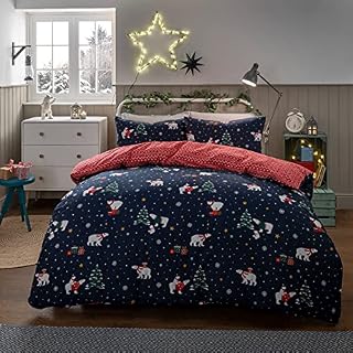 Sleepdown Christmas Polar Bears Navy Red Reversible Duvet Cover Quilt Bedding Set with Pillowcases Warm Cosy Thermal Soft Flannelette 100% Brushed Cotton - Double (200cm x 200cm)