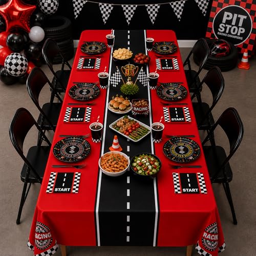 Image of Blue Orchards Car Racing Table Cover (Pack of 3) 108 inch x 54 inch - Race Car Birthday Party Decorations, Immersive Birthday Party Decor, Accent and Backdrop, Gift Wrap, Multi Purpose Party Accent
