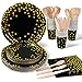 Vajilla de fiesta,140 piezas Negro puntos dorados, set de juego de platos y cubiertos, cubertería de cartón, vasos, platos y servilletas, para cumpleaños, bodas, aniversarios (20 invitados)