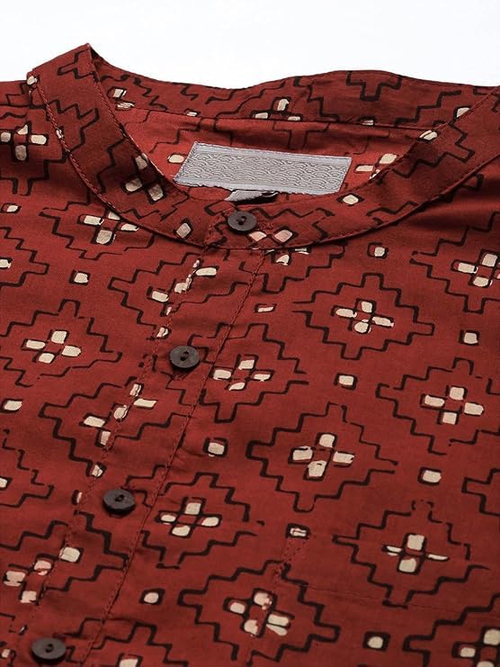 Image of Zombom Men's Cotton Polyester Blend Solid Regular Fit Full Sleeve Printed Short Kurta | Ethnic, Lightweight Summer Kurta for Daily & Occasion Use | Men's Trendy Short Kurta
