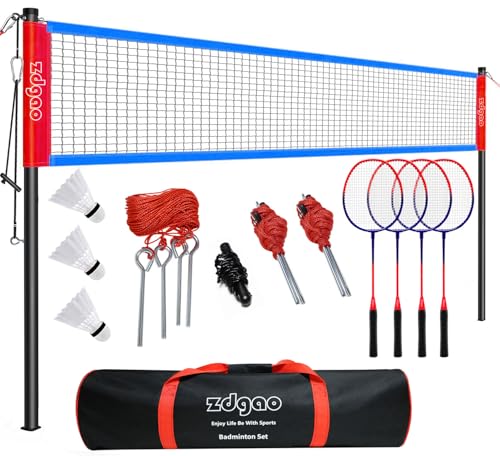 Image of Zdgao Badminton Sets for Backyard - 20FT Net and Badminton Racket Set of 4 | Portable Badminton Net with Tension Adjuster, 3 Nylon Shuttlecocks, Boundary Line, Carry Bag for Beach, Outdoor Family Game