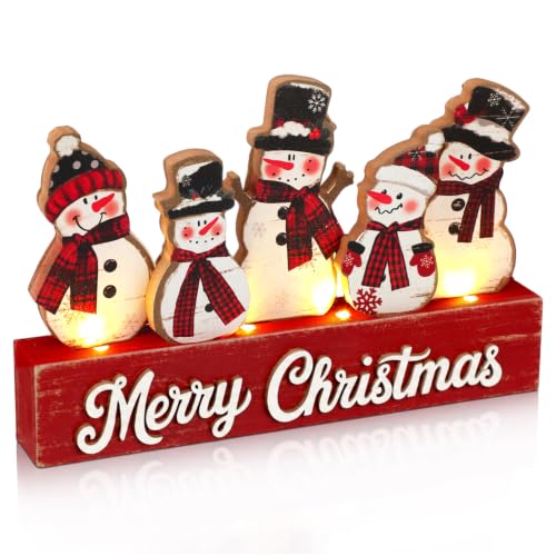 Chunful Vintage Christmas Decor Wooden Lighted Snowman Tabletop Sign