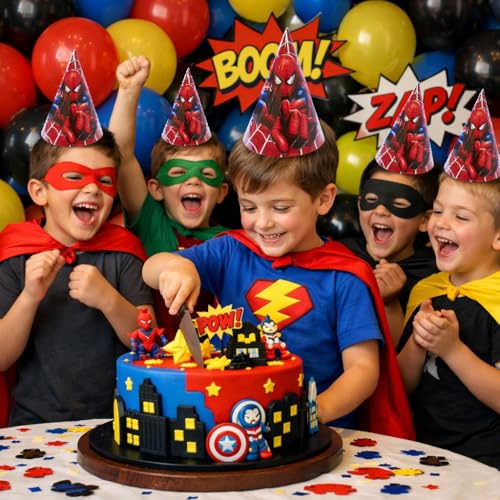Image of Wanna Party Superhero Inspired Paper Hats for Kids Set of 8 |Comic Style Character Hats for Superhero Theme Parties