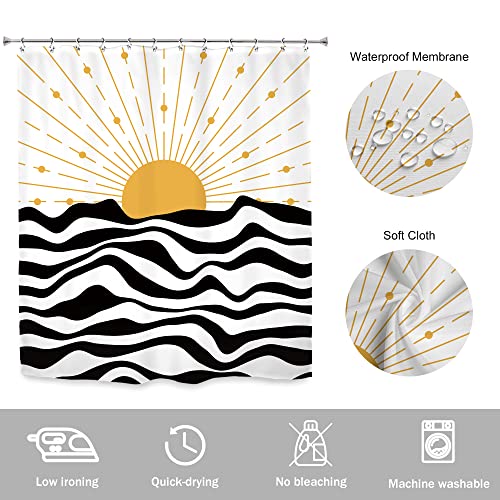 Newsely Mid Century Modern Sun Shower Curtain 60Wx72H Inch Bobo Abstract Sea Wave Minimalist Sunset Sunrise Shower Curtain Bathroom Set Chic Seashore Waterproof Bath Decoration Accessories Home Decor #TOP3