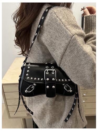 SHENHE Women's PU Leather Shoulder Handbag Punk Rivet Flap Studded Vintage Underarm Bags2