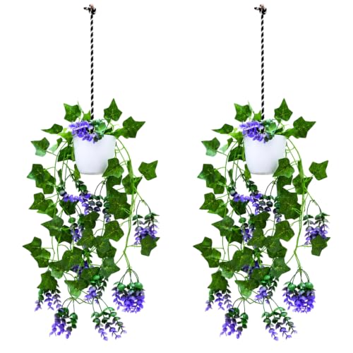 Image of fancymart Artificial Hanging Ivy Plant with White Hanging Pot & Rope, 60 cm Height, Pack of 2, Realistic Green Leaf Creeper for Home, Office, Living Room & Wall Decor