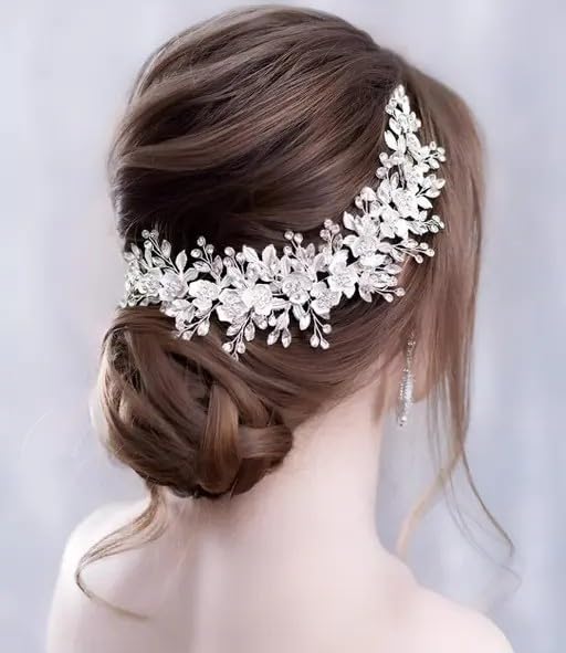 Hair Accessories For Women’s & Girls For Wedding – Artificial Flowers & Pearl Style Juda Bun Accessories – Floral Bridal Brooch & Hair Pins – Hairstyle Decoration Bride Clips, Silver White