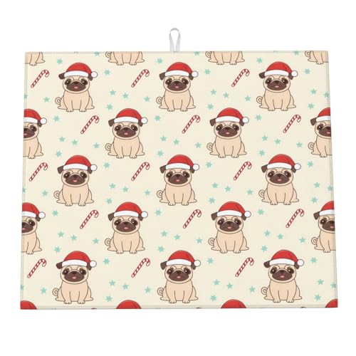 Estera Fregadero Lindos Perros Pug con Forma De Estrella De Bastón De Caramelo Alfombrilla Escurreplatos Plegable Esterilla De Secado para Vidrio Fregaderos Utensilios 46X61Cm