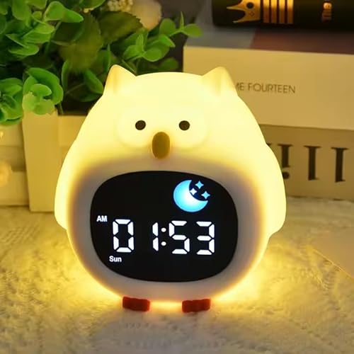 Kids Alarm Clock for Bedroom, Digital LED Clock with Night Light, Sleep Training & Soothing Sounds, Snooze Function, 6-Level Brightness, 12/24H Display, USB Rechargeable, Cute White Owl Design
