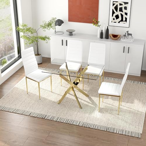 Image of 5 Piece Glass Dining Table Table Set, Tempered Glass Dining Table Set for 4 Kitchen Table Set with 4 Upholstered Chairs for Kitchen Dining Room (Gold Leg Table with Gold Leg Chair)