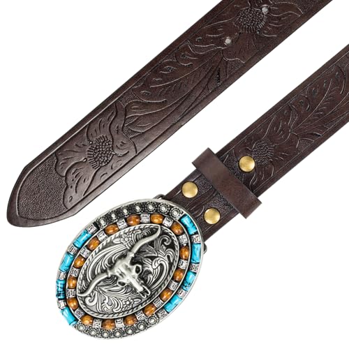 Image of Western-Cowboy-Leather-Belts for Women Turquoise-Oval-Buckle Embossed Belt