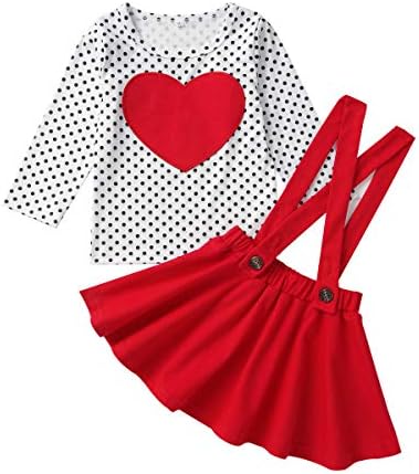 Toddler Baby Girl Valentine's Day Clothes Outfit Long Sleeve Dot Heart Long Sleeve Shirt Blouse +Suspender Skirts Set (Red, 4T/5T)