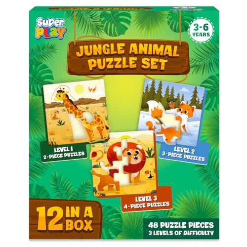 Image of Superplay Jungle Animal Puzzle Set for Kids - 12 Jigsaw Puzzles, 48 Pieces | 3 Levels Step-by-Step Learning, Preschool Educational Toy for Boys & Girls, Travel Friendly, Gifts for Ages 3, 4, 5, 6