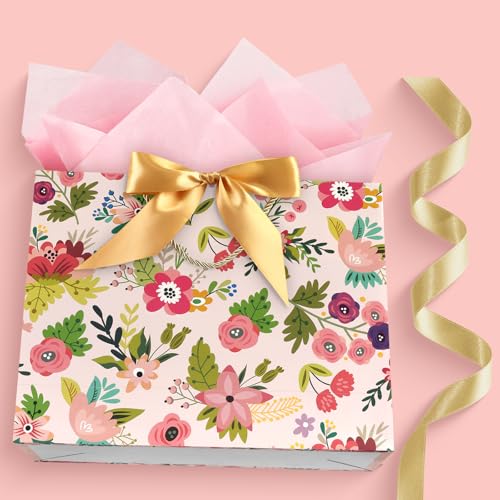 Image of JMANNI Mothers Day Gift Bags with Handles, 13 inch Medium Gift Bag for Presents, 1 Pcs Bags with 2 Tissue Paper and 1 Cards for Baby Shower Wedding Bridal Shower Mother's Day Birthday Party(Pink flowers)