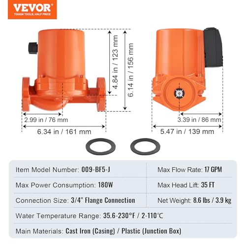 Image of VEVOR 009-BF5-J Cast Iron Recirculating Pump, 17 GPM Hot Water Circulation Pump, 3 /4 inch NPT Flange 3-Speed Circulator Pump, Quiet Operation Circulator for Floor Heating /Home Water Heater System