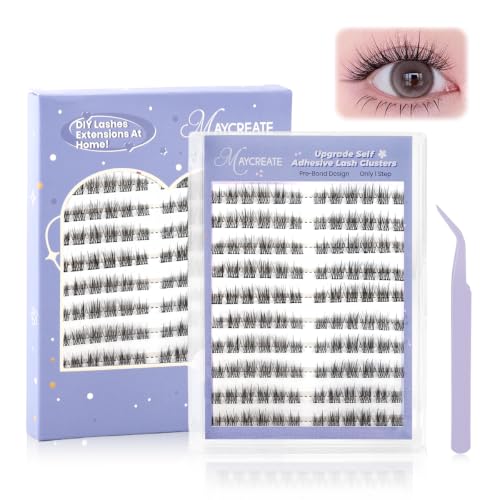 Image of MAYCREATE 120Pcs Self Adhesive Eyelashes Kit, Natural Look Clusters No Glue Needed Wispy Reusable Press on Lashes Pre-Glue Clear Band 11-13mm with Lash Tweezers