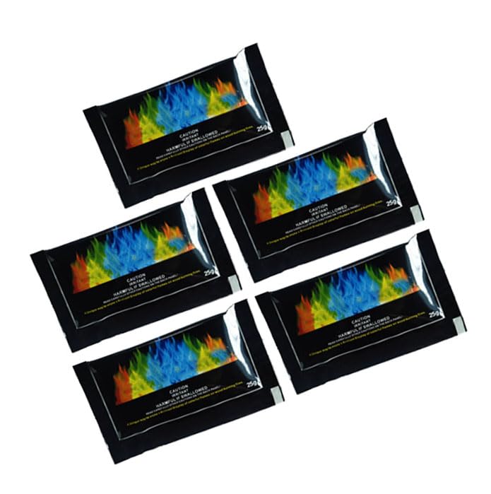 Pacotes de fogo coloridos para festa de fogueira, pacotes que mudam de cor de chama colorida, acessórios para fogueiras de 25 g para crianças e adultos, 5 unidades.