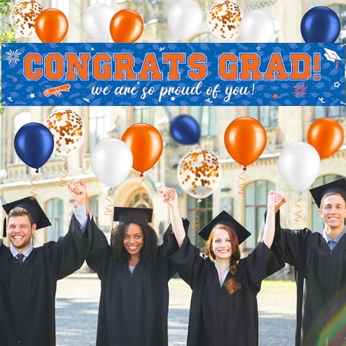 Image of 37Pcs Graduation Banner Balloon Decorations Class of 2026, Congrats Grad Banner Yard Outdoor Decorations, Graduation Balloons Banner Set for High School College Graduation Party Supplies, Blue Orange
