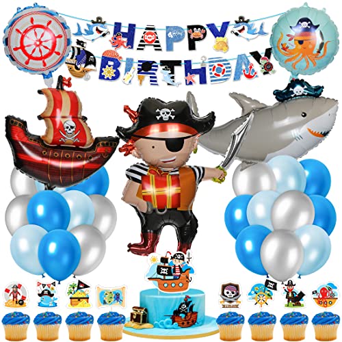 Piraten Meerestiere Geburtstagsdeko Set, Piratenschiff Hai Folienballon, Geburtstag Banner, Runde Tier Ballon, Blau Silber Luftballon Tortenaufsatz, für Kinder Party Geburtstag Deko Cover