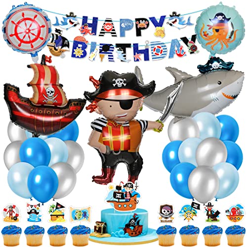 Pirata Decoraciones Cumpleaños, Barco Pirata Tiburón Globos, Pancarta de Feliz Cumpleaños Cake Topper, Globo Animal Redondo, Globo Azul Plata, para Niños Cumpleaños Fiesta Decoraciones