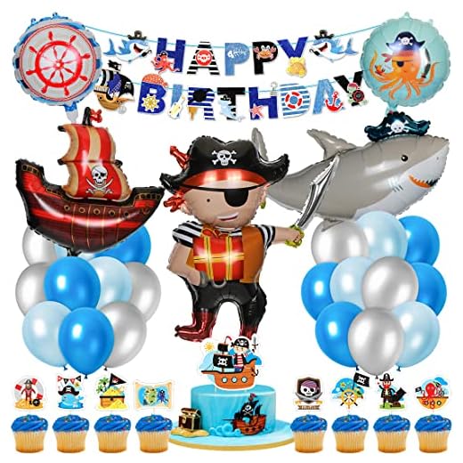 Pirata Decoraciones Cumpleaños, Barco Pirata Tiburón Globos, Pancarta de Feliz Cumpleaños Cake Topper, Globo Animal Redondo, Globo Azul Plata, para Niños Cumpleaños Fiesta Decoraciones