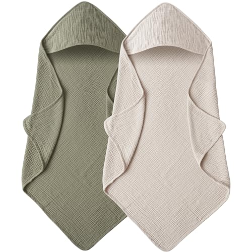 Image of MairMore Muslin Baby Towels with Hood for Newborn 100% Cotton Baby Bath Towels Soft & Absorbent Hooded Baby Towel for Boys and Girls, Large Size - 32 * 32 Inches
